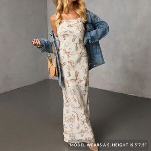 Cream Slip Midi Dress with Brown Western Print